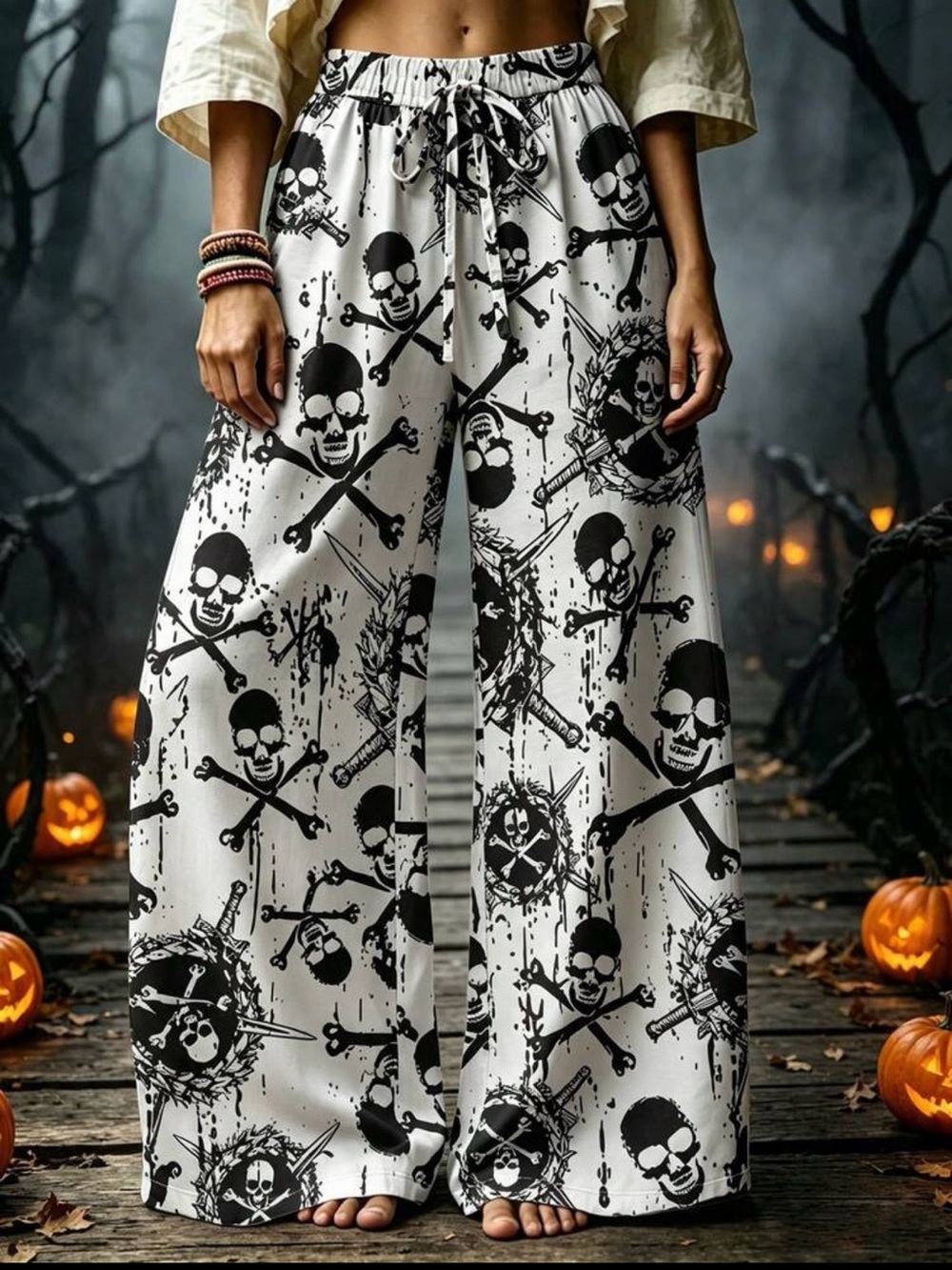 Skull Print Wide-Leg Lounge Pants — Black on White